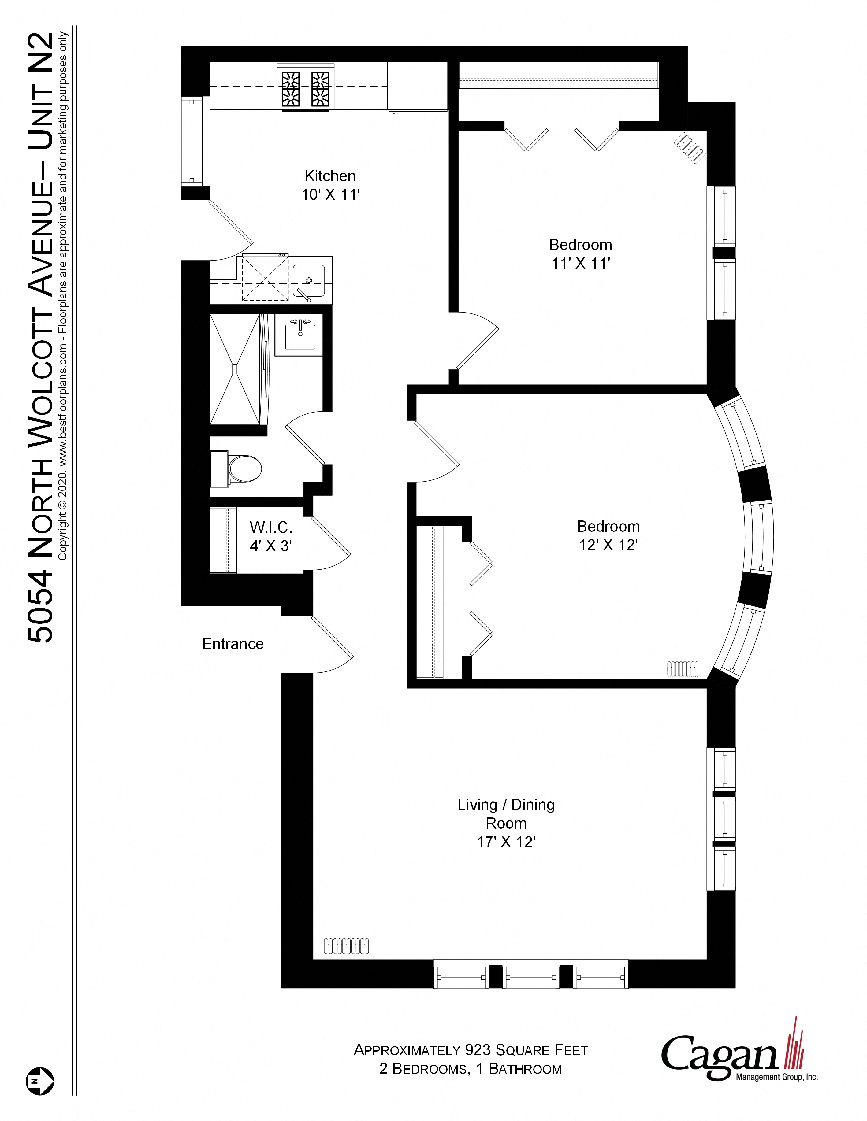 Floor plan for 2 beds, 1 bath, 791 sqft